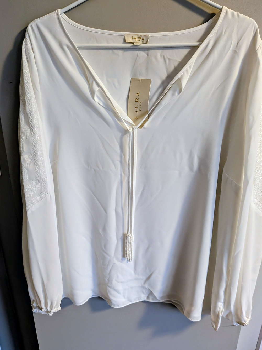 Laura White Long-Sleeve V-Neck Blouse